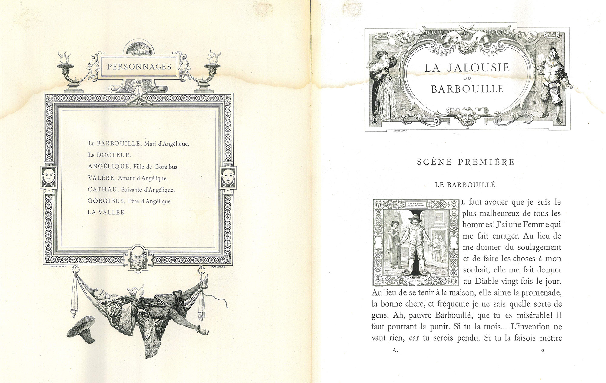 Edition avec liste des personnages et début de la première scène de la pièce.
