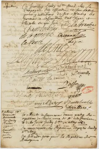 Feuille d’assemblée pour le début des répétitions de "Le Rendez-vous" de Jean de la Fontaine, 26 avril 1683