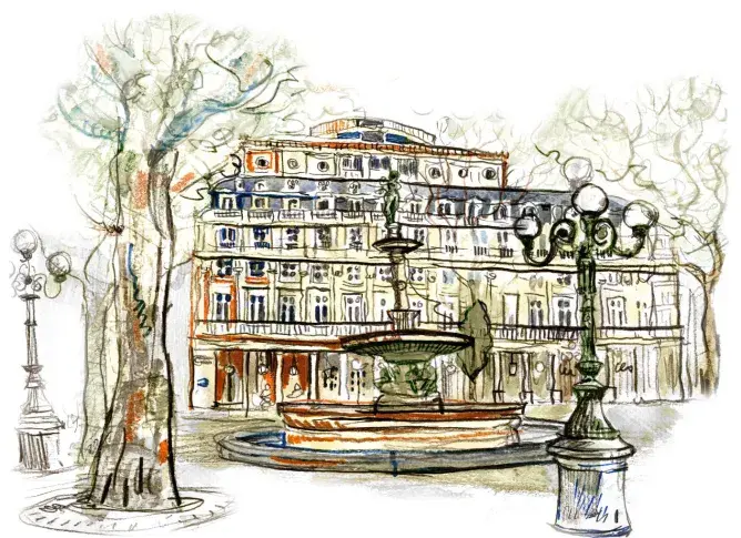 La Salle Richelieu vue de la place André Malraux, dessin de Damien Roudeau