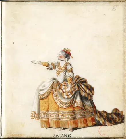 Mlle Clairon dans le rôle d’Ariane (« Ariane » de Thomas Corneille), gouache de Fesch, vers 1766