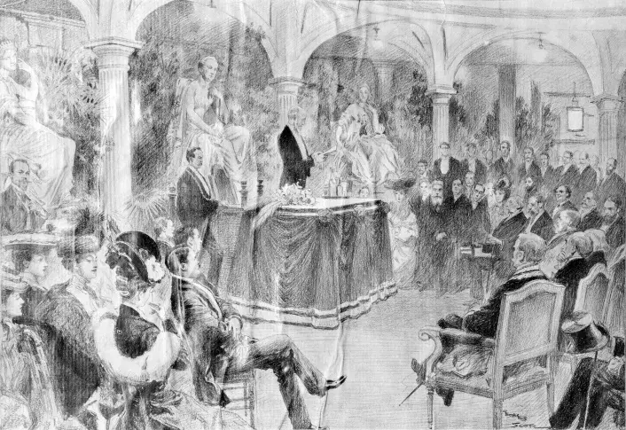 "La cérémonie en l'honneur d'Alfred de Musset à la Comédie-Française, le 23 février", dessin de Georges Scott, image de presse, 1906