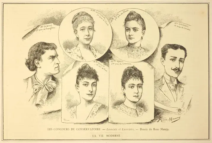 Les lauréats et lauréates du concours du Conservatoire. Dessin de Rose Maury publié dans "La Vie moderne". Album Pasteur, 1888.