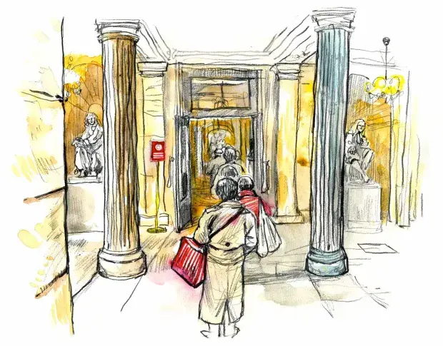 La Salle Richelieu, l’entrée du public, dessin de Damien Roudeau