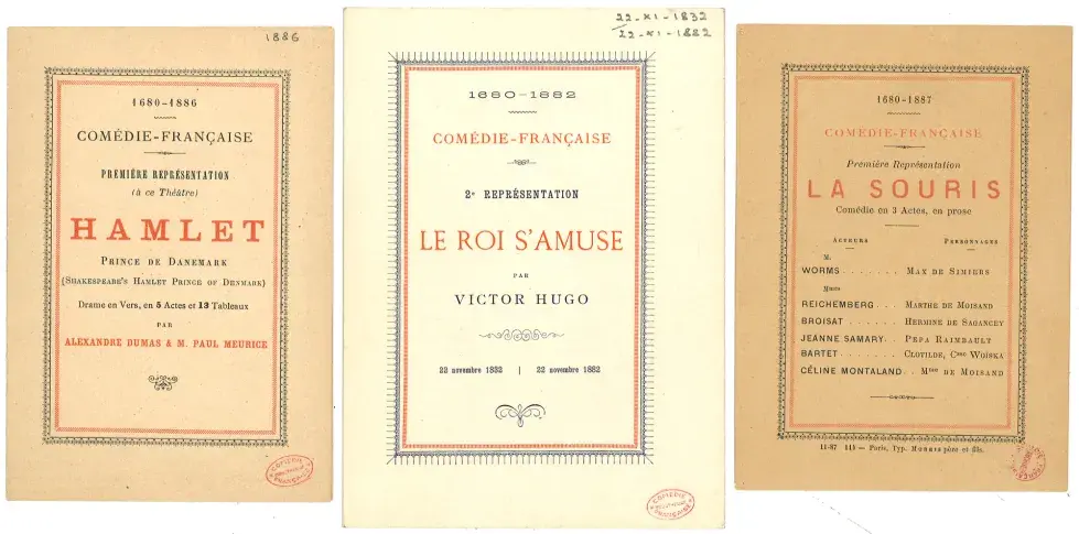 Programmes d’"Hamlet" de Shakespeare, "Le Roi s’amuse" de Victor Hugo, "La Souris" d’Edouard Pailleron