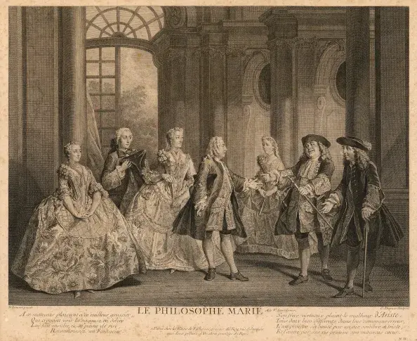 « Le Philosophe marié » (acte V, scène dernière), gravure de Charles Dupuis, d’après Nicolas Lancret, 1741