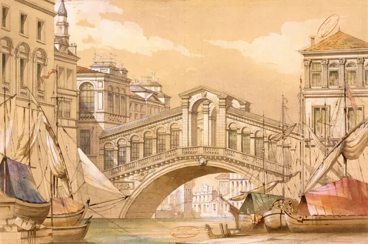 La Place publique de Venise : acte I, pont du Rialto / Pierre-Luc-Charles Cicéri, atelier de Cicéri, 1829