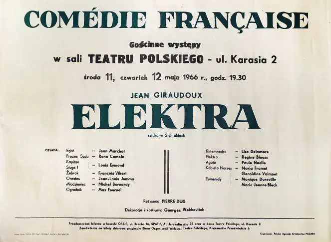 Affiche de la tournée en Pologne, 1966. "Électre" de Jean Giraudoux