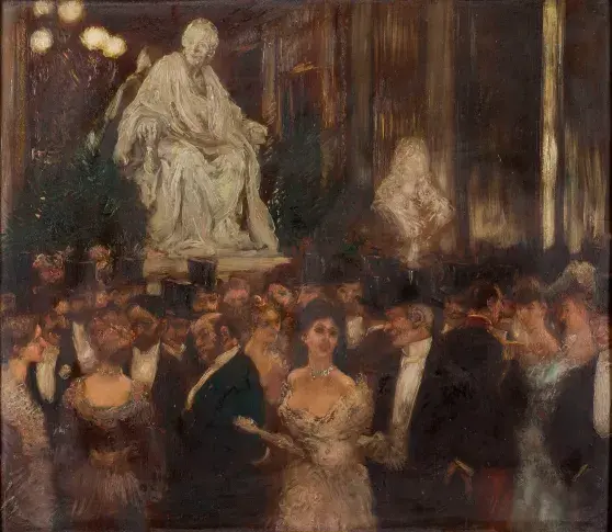 "Le Foyer du public à la Comédie-Française", par Gaston La Touche [1900], huile sur panneau de bois parqueté