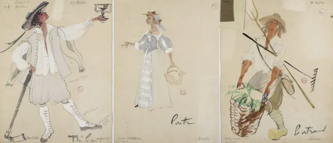 Maquettes de costumes de François Ganeau pour « La Coupe enchantée », comédie supposée de La Fontaine et Champmeslé, mise en scène de Jacques Clancy, 1952