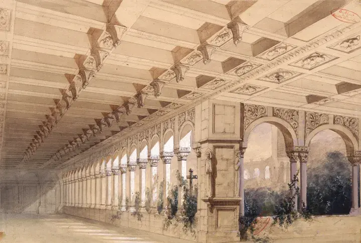 « Le Camp des Croisés » d’Adolphe Dumas : acte V, la chambre de Léa / atelier Séchan et Cie, 1838