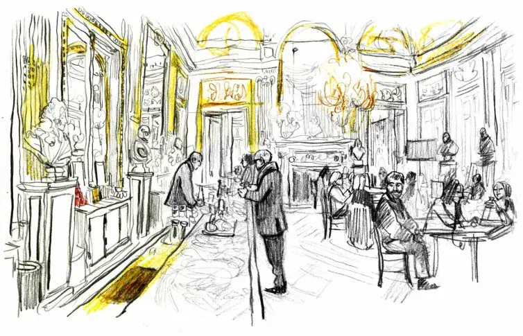 La Salle Richelieu, bar et fauteuils rouges dans le Foyer du public appelé Foyer Pierre Dux, dessin de Damien Roudeau
