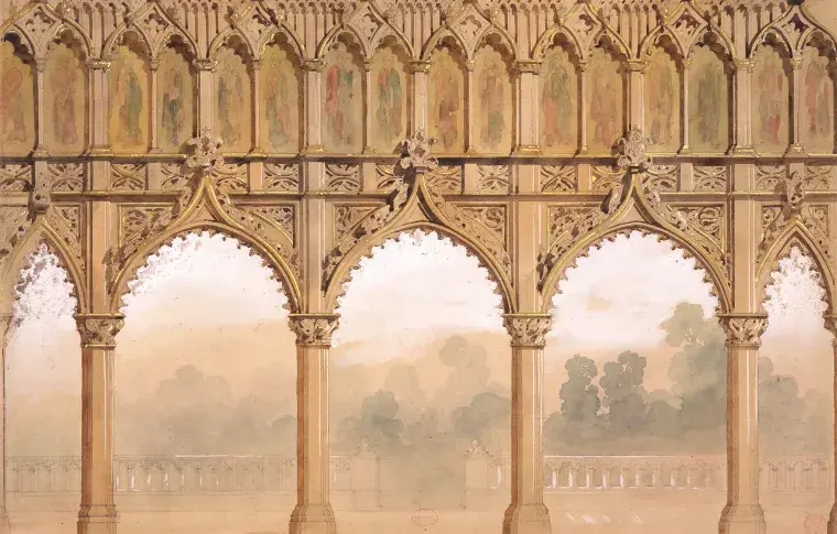 Le Grand gothique neuf : la prison de « Marie Stuart », rideau à l’italienne / Pierre-Luc-Charles Cicéri, atelier de Cicéri, 1840