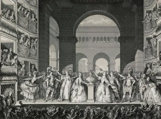Le couronnement de Voltaire à la Comédie Française, gravure de Laguillermie, d’après Moreau Jeune, [1778]