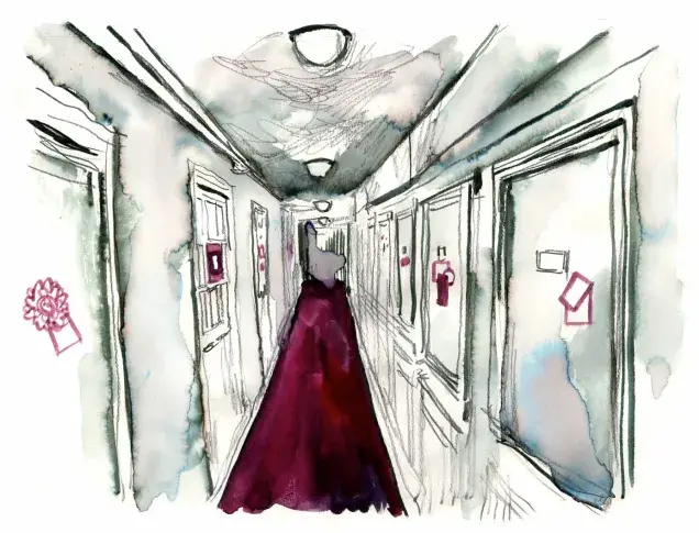 La Salle Richelieu, le couloir de loges des comédiens, dessin de Damien Roudeau