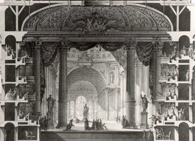 Coupe transversale du théâtre de la Comédie-Française au faubourg Saint-Germain, par Charles De Wailly, encre, lavis et aquarelle, [1782]