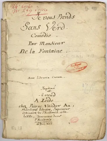 Manuscrit de « Je vous prends sans verd », pièce supposée de La Fontaine et Champmeslé, [1693]