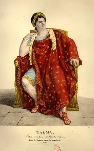 Talma, rôle de Néron dans « Britannicus », paru dans la galerie théâtrale « Collection de portraits des artistes des théâtres de Paris », Paris, Noël aîné et Cie, lithographie colorée au pochoir de Francisque Noël, d’après Alexandre-Marie Colin, [1820-183