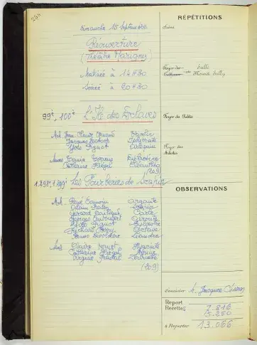 Registre journalier de la Comédie-Française, le 15 septembre 1974, représentations au Théâtre Marigny, réouverture