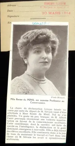 Article du 20 mars 1914 sur la nomination de Renée du Minil comme professeure au Conservatoire. "Comoedia illustré", 20 mars 1914.