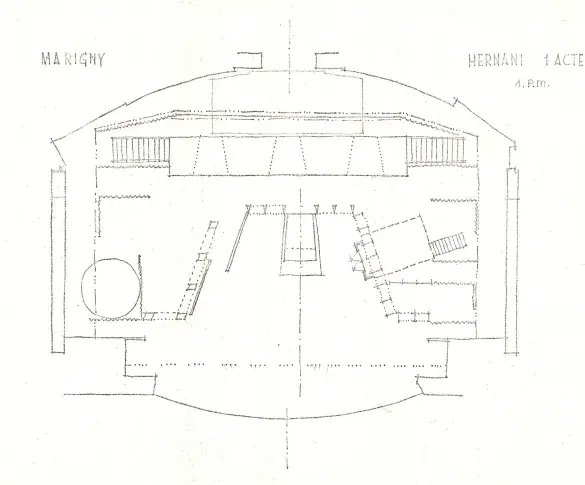 Plantation du décor d’"Hernani" (1er acte), 1974, Théâtre Marigny