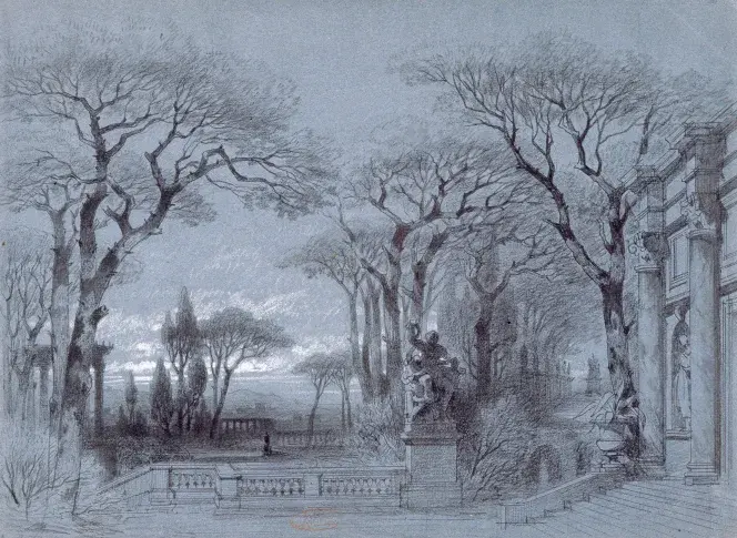 « Valéria » de Maquet et Lacroix : un portique chez Valéria au Palatin, terrasse à colonnes, rideau de fond avec la campagne de Rome, acte III / Nolau et Rubé, 1851