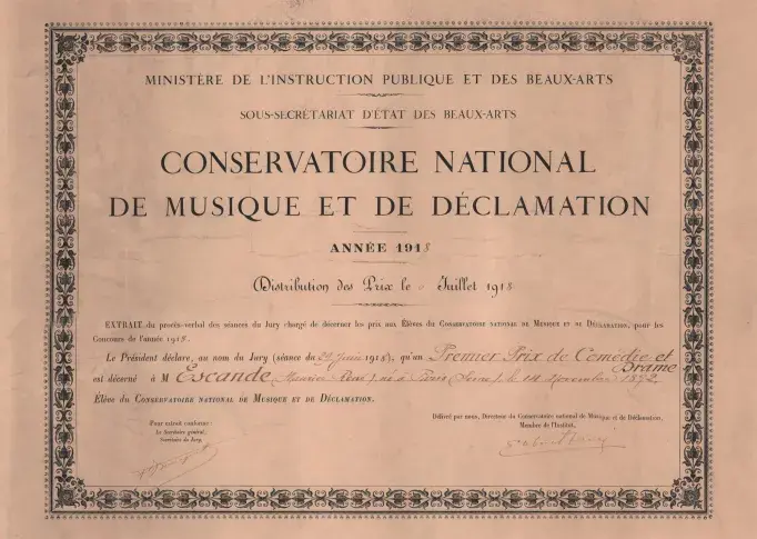 Diplôme de Maurice Escande, 1er prix de Comédie et Drame du Conservatoire national de musique et de déclamation en 1918.