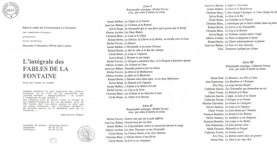 Programme de l’intégrale des « Fables » de La Fontaine, 17 décembre 1995, salle Richelieu