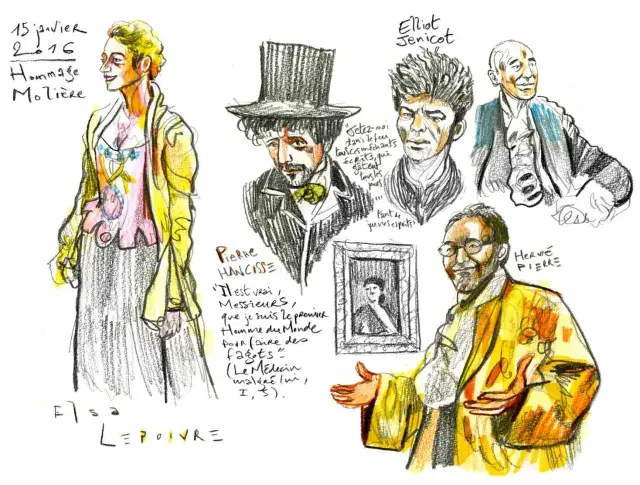 Hommage à Molière, 15 janvier 2016, Elsa Lepoivre, Pierre Hancisse, Elliot Jenicot et Hervé Pierre en costumes, dessins de Damien Roudeau