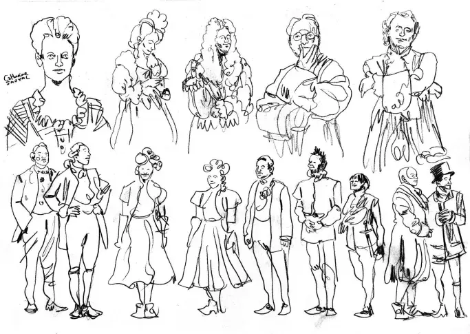 Hommage à Molière, 15 janvier 2016, les comédiens sur scène, dessin de Damien Roudeau