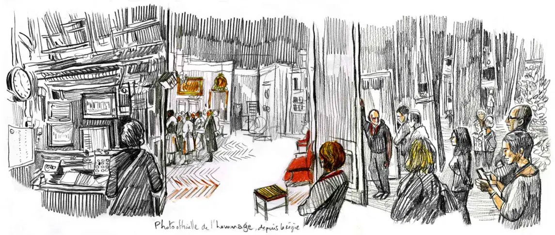 Hommage à Molière, 15 janvier 2016, photographie officielle de la troupe depuis la régie scène de la Salle Richelieu, dessin de Damien Roudeau