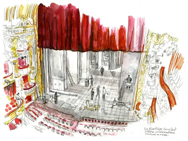 Le décor de "Roméo et Juliette" de William Shakespeare, mise en scène d’Eric Ruf, dessin de Damien Roudeau