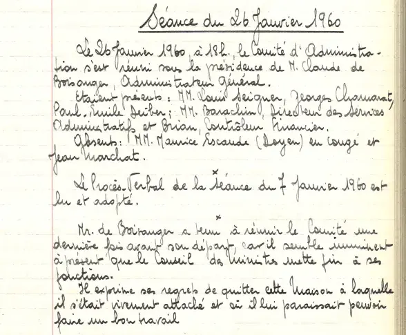 Comité d'administration, séance du 26 janvier 1960, démission de Claude de Boisanger