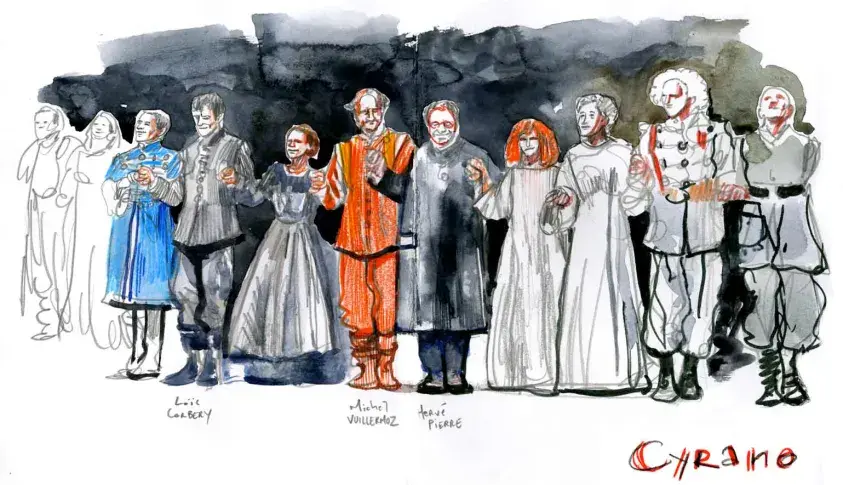 Saluts à l'issue d'une représentation de "Cyrano de Bergerac" d'Edmond Rostand à la Salle Richelieu, dessin de Damien Roudeau