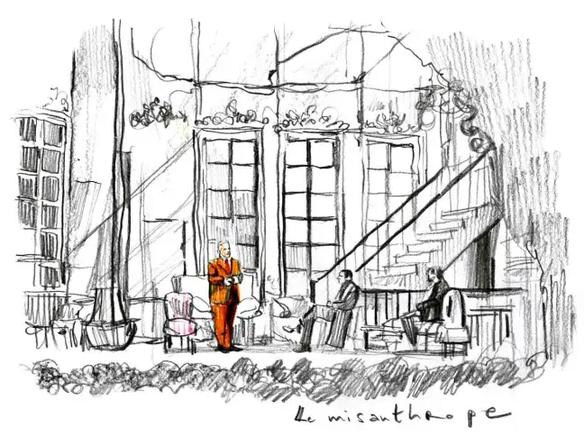 Scène du "Misanthrope" de Molière, mise en scène de Clément Hervieu-Léger, dessin de Damien Roudeau