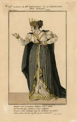 Costume de Mlle Raucourt dans le rôle de Cléopâtre, dans la tragédie « Rodogune » au Théâtre-Français, galerie théâtrale Hautecœur-Martinet, 1807