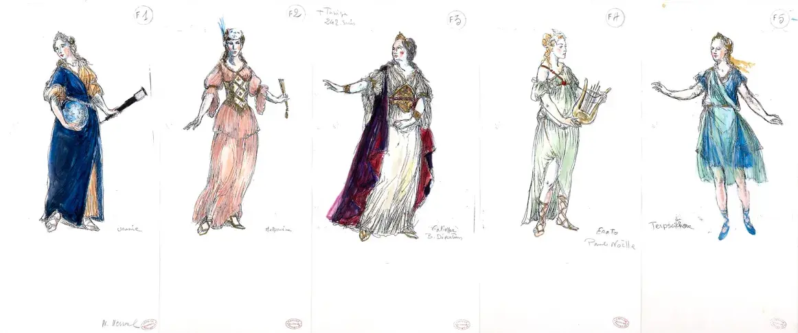 Maquettes de costumes de Patrice Cauchetier pour la soirée littéraire « Jean de La Fontaine », réalisée par Yves Gasc en 1986