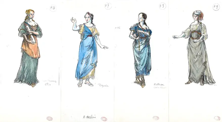 Maquettes de costumes de Patrice Cauchetier pour la soirée littéraire « Jean de La Fontaine », réalisée par Yves Gasc en 1986