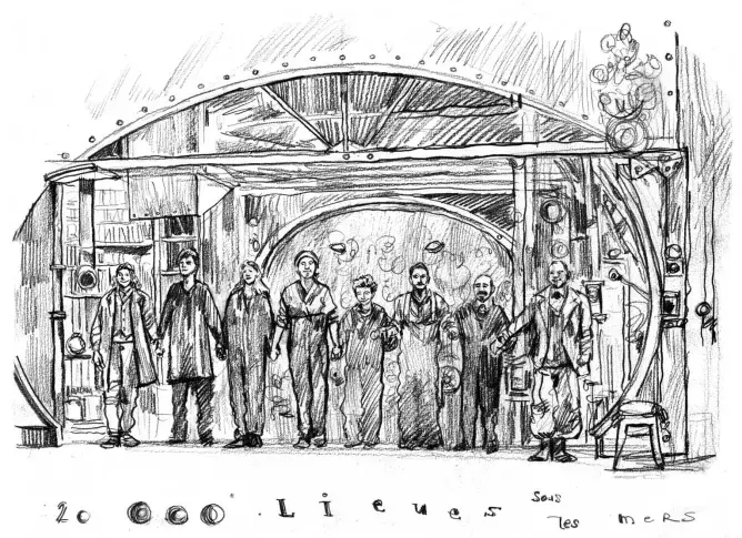 Saluts à l’issue d’une représentation de "20000 lieues sous les mers" de Jules Verne, mise en scène de Christian Hecq au Théâtre du Vieux-Colombier, dessin de Damien Roudeau