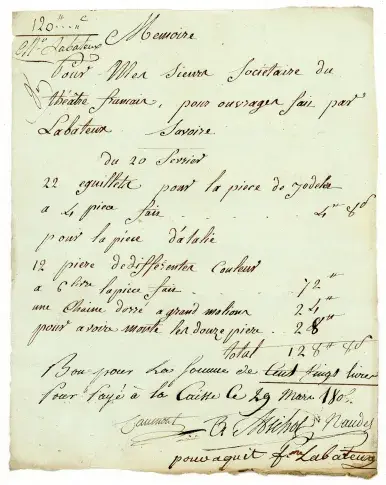 Mémoire de Labateux, fournisseur et réparateur d’armes, de bijoux et d’objets métalliques, 29 mars 1806