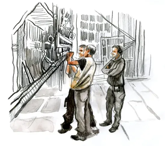 Les machinistes sur le plateau, dessin de Damien Roudeau