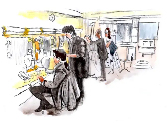 Les coiffeurs dans le Foyer Rachel de la Salle Richelieu, dessin de Damien Roudeau
