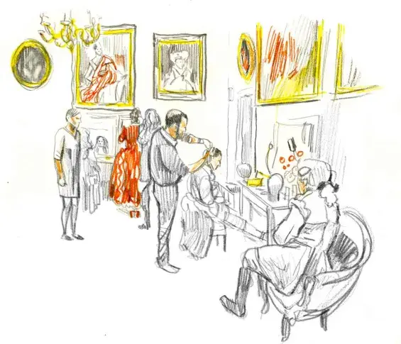 Le Foyer La Grange converti en salon de coiffure pour la soirée de l'Hommage à Molière le 15 janvier 2016, dessin de Damien Roudeau