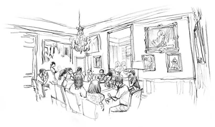 Le Comité de lecture dans la salle du Comité, dessin de Damien Roudeau