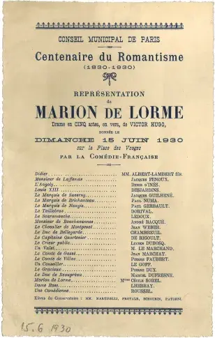Programme du Centenaire du Romantisme, 1930