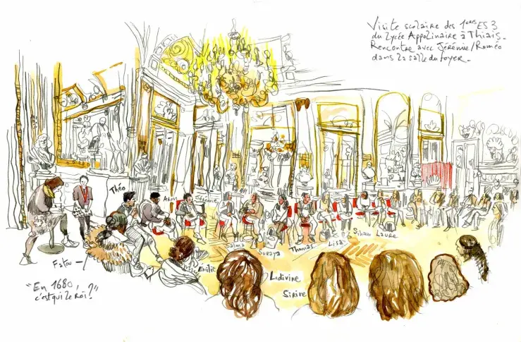 Visite d’un groupe scolaire organisée par le service éducatif de la Comédie-Française, dessin de Damien Roudeau