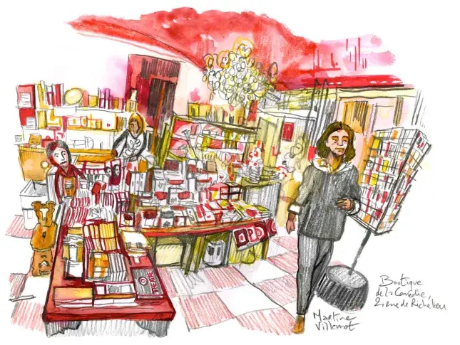 La boutique de la Comédie-Française située au 2 rue de Richelieu, dessin de Damien Roudeau