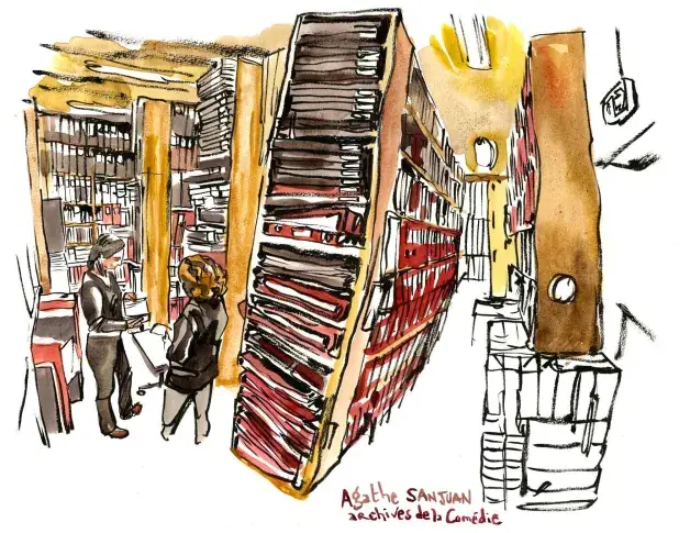 Dans les rayons de la bibliothèque-musée de la Comédie-Française, dessin de Damien Roudeau
