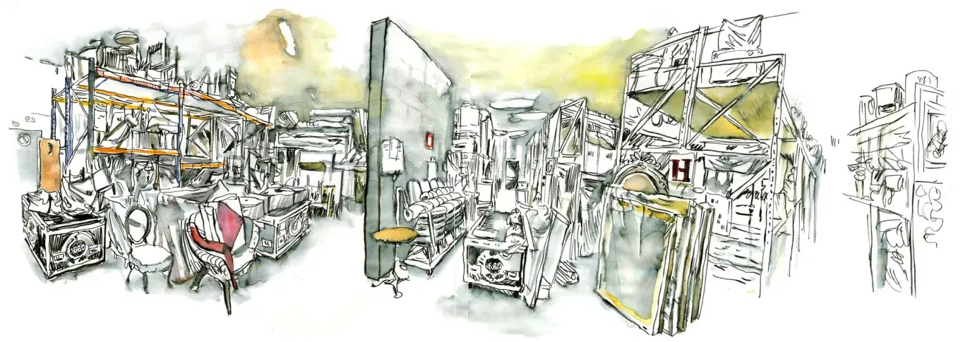 Le local de stockage des tapissiers à Sarcelles, dessin de Damien Roudeau