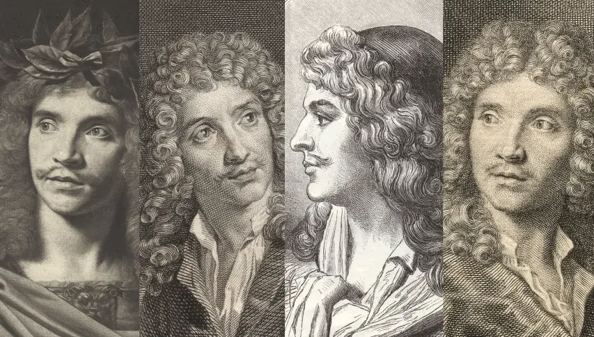 Visuel de l’exposition « Molière aux mille visages » présentée dans tous les espaces publics de la salle Richelieu de janvier à juillet 2022